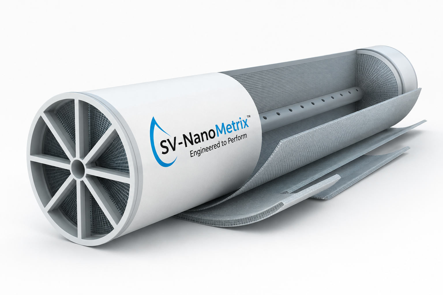 Cutaway SV-NanoMetrix spiral-wound reverse osmosis membrane element