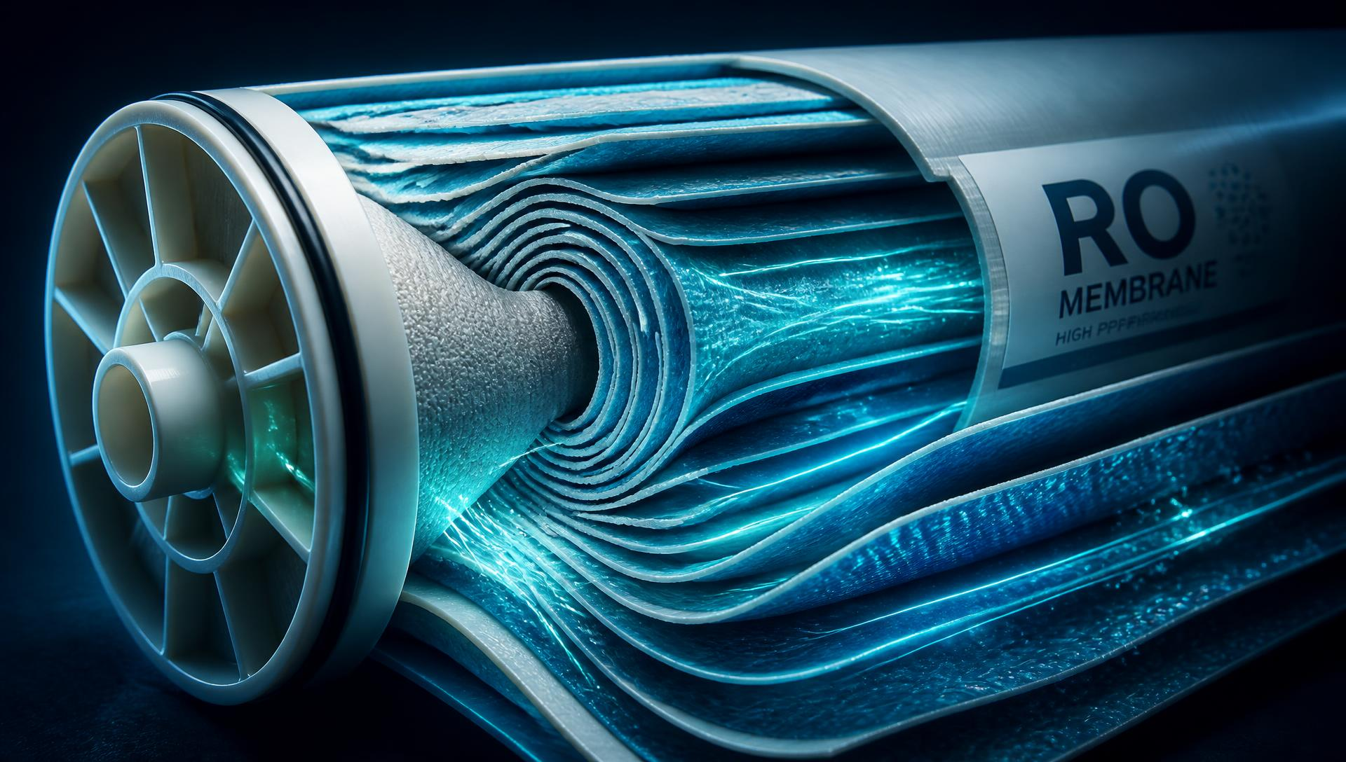 Cutaway of an SV-NanoMetrix spiral-wound RO membrane element showing the layered selective film, feed channel and central permeate tube
